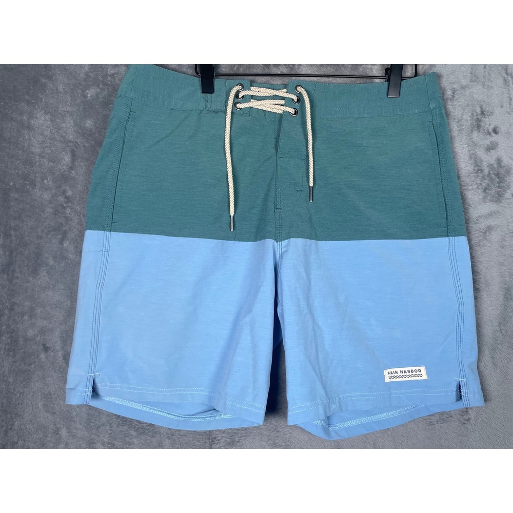 Fair Harbor Mens Colorblock Board Shorts Teal Blue Size 33 Swim Trunks 7 Inch